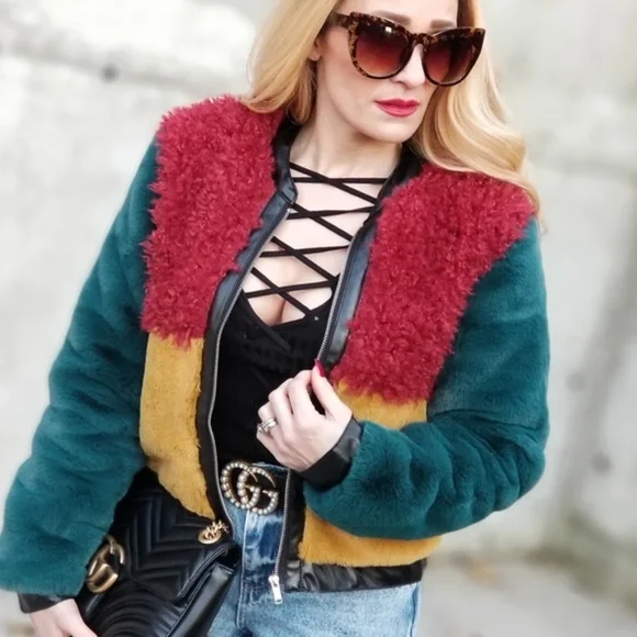 Multi Color Leather & Fur Womens Jacket Coat - Picture 3 of 4